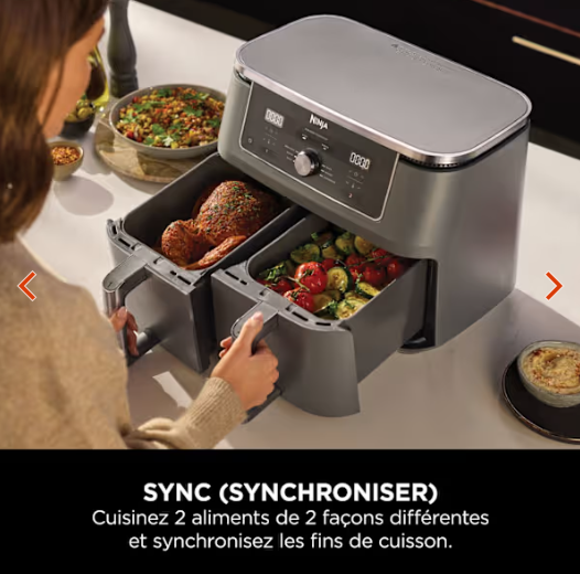 Air fryer Ninja double compartiment XL, 6-en-1, 9,5 L, Noir, DZ400EU avec thermosonde.