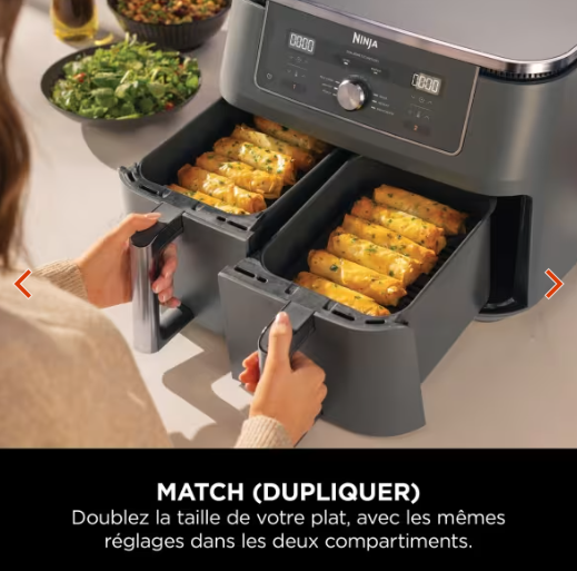 Air fryer Ninja double compartiment XL, 6-en-1, 9,5 L, Noir, DZ400EU avec thermosonde.