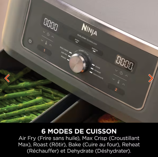 Air fryer Ninja double compartiment XL, 6-en-1, 9,5 L, Noir, DZ400EU avec thermosonde.