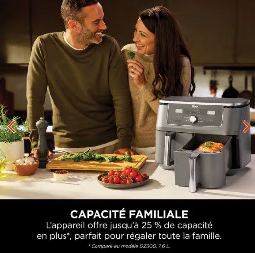 Air fryer Ninja double compartiment XL, 6-en-1, 9,5 L, Noir, DZ400EU avec thermosonde.