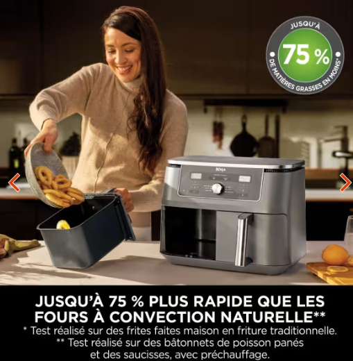 Air fryer Ninja double compartiment XL, 6-en-1, 9,5 L, Noir, DZ400EU avec thermosonde.