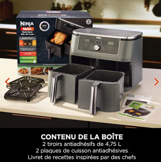 Air fryer Ninja double compartiment XL, 6-en-1, 9,5 L, Noir, DZ400EU avec thermosonde.
