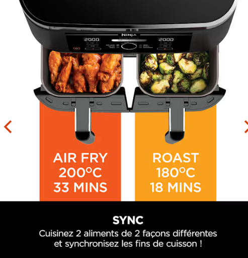 Air fryer Ninja double compartiment XL, 6-en-1, 9,5 L, Noir, DZ400EU avec thermosonde.